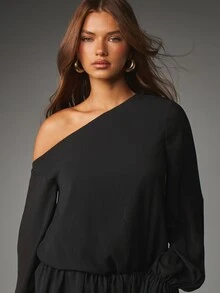 MISSGUIDED One Shoulder Puff Sleeve Mini Dress With Elastic Waist Ruffle Hem Flowy Chiffon Fall Party Night Out Style - Black - View 2