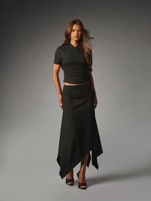 MISSGUIDED Ruched Wrap Neck Crop Top And Asymmetric Handkerchief Hem Midi Skirt Co-Ord Two Pieces Set - Black - View 6