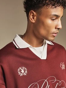 PLAYBOY X SUMWON Oversized Burgundy Sweatshirt With Cursive Script Logo Print V-Neck Long Sleeve Casual Pullover Top - Burgundy - View 5