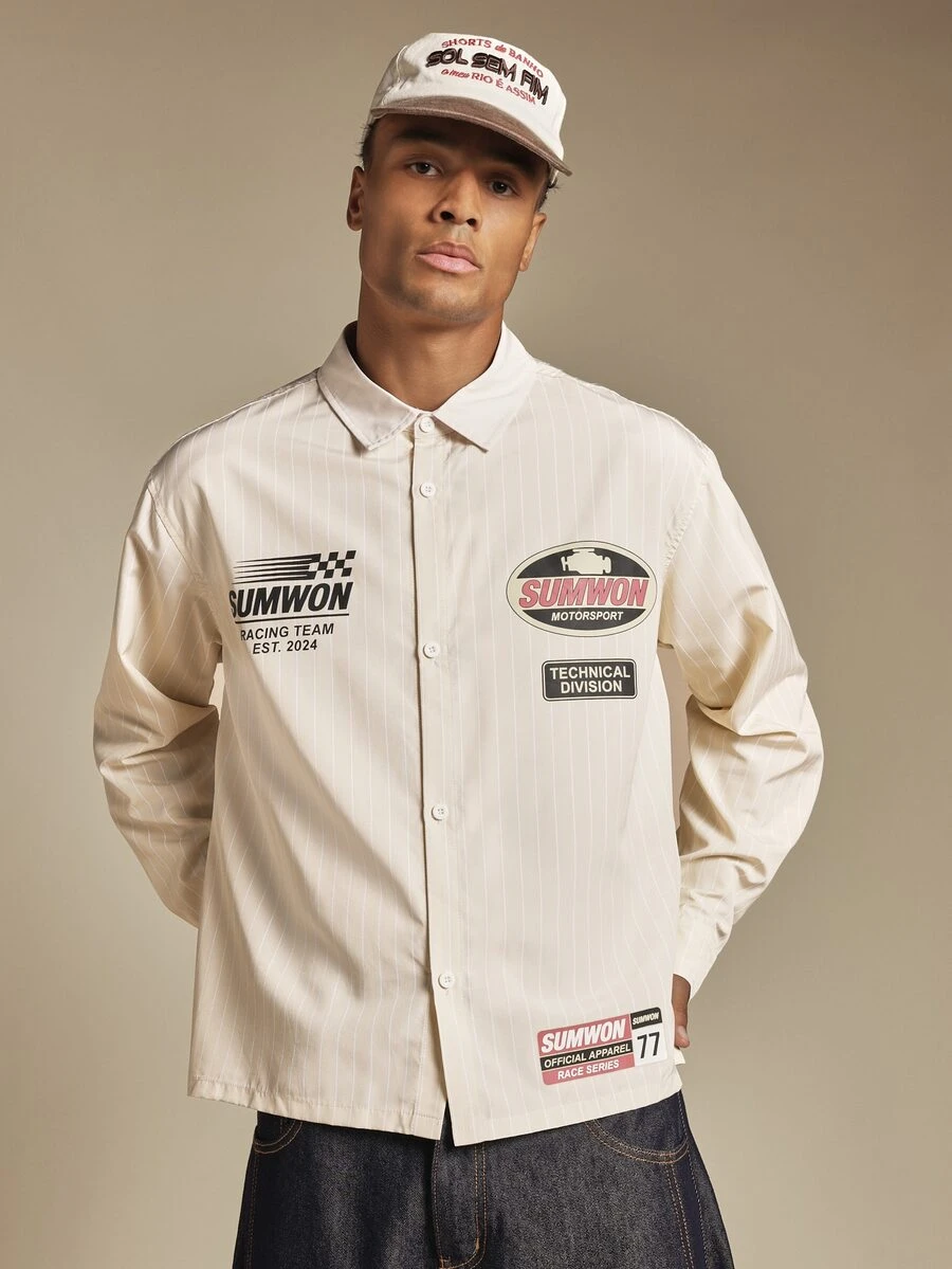 SUMWON Motorsport Racing Team Pinstripe Oversized Long Sleeve Button-Up Shirt With Graphic Badges Est. 2024 - Khaki - View 1