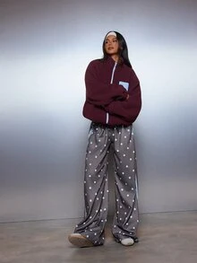 MISSGUIDED Wide Leg Polka Dot Satin Casual Pants With Contrast Side Stripe And Drawstring Waist Full Length Relaxed Fit - Chocolate Brown - View 3