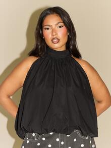 FASHION SZN Plus Size Halterneck Bubble Hem Top Black Solid Colour Trending New Season Bubble Hem Autumn Winter Fall - Black - View 1