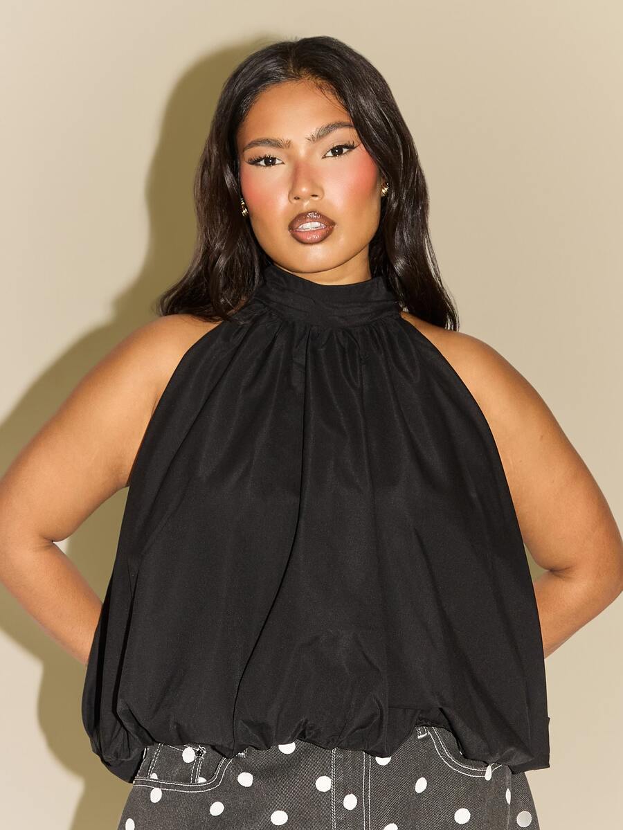 FASHION SZN Plus Size Halterneck Bubble Hem Top Black Solid Colour Trending New Season Bubble Hem Autumn Winter Fall - Black - View 1