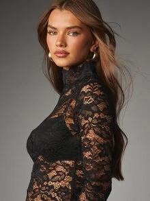 MISSGUIDED Sheer Floral Lace High Neck Long Sleeve Crop Top With Scalloped Trim And Keyhole Back Detail - Black - View 2