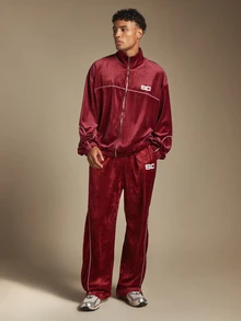 SUMWON Velvet Wide Leg Track Pants With White Contrast Piping And Logo Detail Perfect For Casual Everyday Wear And Lounging - Burgundy - View 3