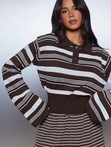MISSGUIDED Striped Knit Polo Crop Top Long Sleeve Collared Button Placket Ribbed Hem Oversized Fit Autumn Winter Casual - Brown - View 1