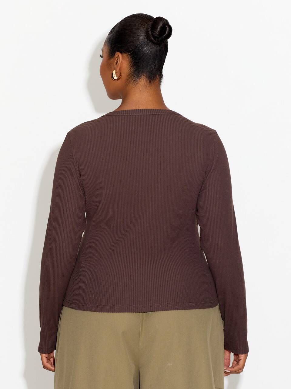 Top Plus Size Canelada Casual de Manga Longa para Outono, Decote Redondo, Super Macia, Básica para Sobreposição, Essencial para Outono e Inverno, para Trabalho, Elegante, para o Dia a Dia, Brunch e Escritório, Marrom Chocolate