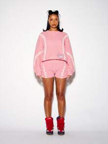 SUMWON WOMEN Oversized Crop Knit Sweater With Baseball Stitch Detail And Varsity Logo Patch Ribbed Texture Long Sleeve Pullover - Pink - View 3