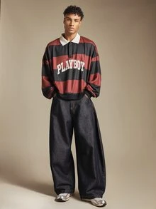 PLAYBOY X SUMWON Oversized Rugby Shirt With Bold Arch Logo Print Striped Long Sleeve Collared Pullover Top Fall Winter Essential - Multicolor - View 3