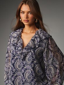 MISSGUIDED Paisley Print Chiffon Mini Dress With Ruffle V-Neck And Long Puff Sleeves Boho Shift Silhouette Fall Winter Style - Multicolor - View 4