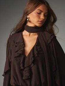 MISSGUIDED Tiered Ruffle Mini Dress With Deep V-Neck Long Puff Sleeves Neck Scarf Detail Chiffon Boho Party Fall Winter Style - Coffee Brown - View 2