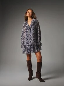MISSGUIDED Paisley Print Chiffon Mini Dress With Ruffle V-Neck And Long Puff Sleeves Boho Shift Silhouette Fall Winter Style - Multicolor - View 3