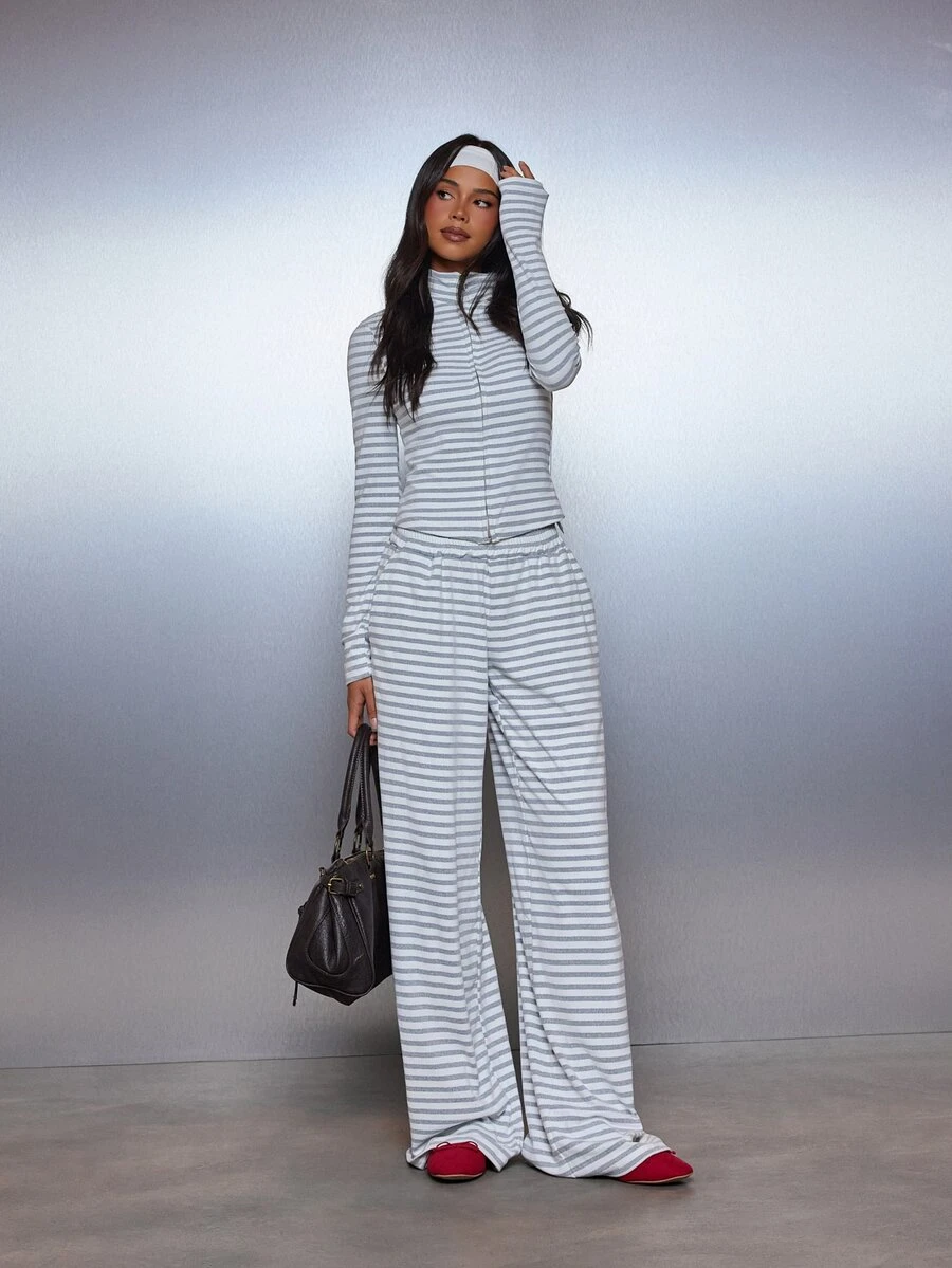 MISSGUIDED Striped Wide Leg Casual Pants Co-Ord Set With Zip Neck Long Sleeve Top Full Length Palazzo Trousers Summer Two Pieces - Multicolor - View 1
