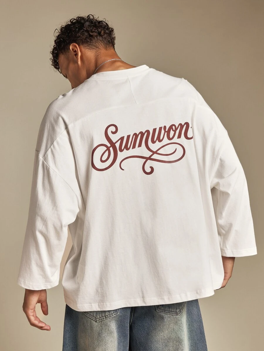 SUMWON Script Logo Oversized Long Sleeve Crew Neck Tee With Back Graphic Print Casual Relaxed Fit Cotton Top - White - View 1