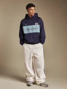 SUMWON Club Oversized Hoodie Color Block Chest Script Print Embroidered Number Pullover Centre Pocket Long Sleeve Winter Essential - Navy Blue - View 3
