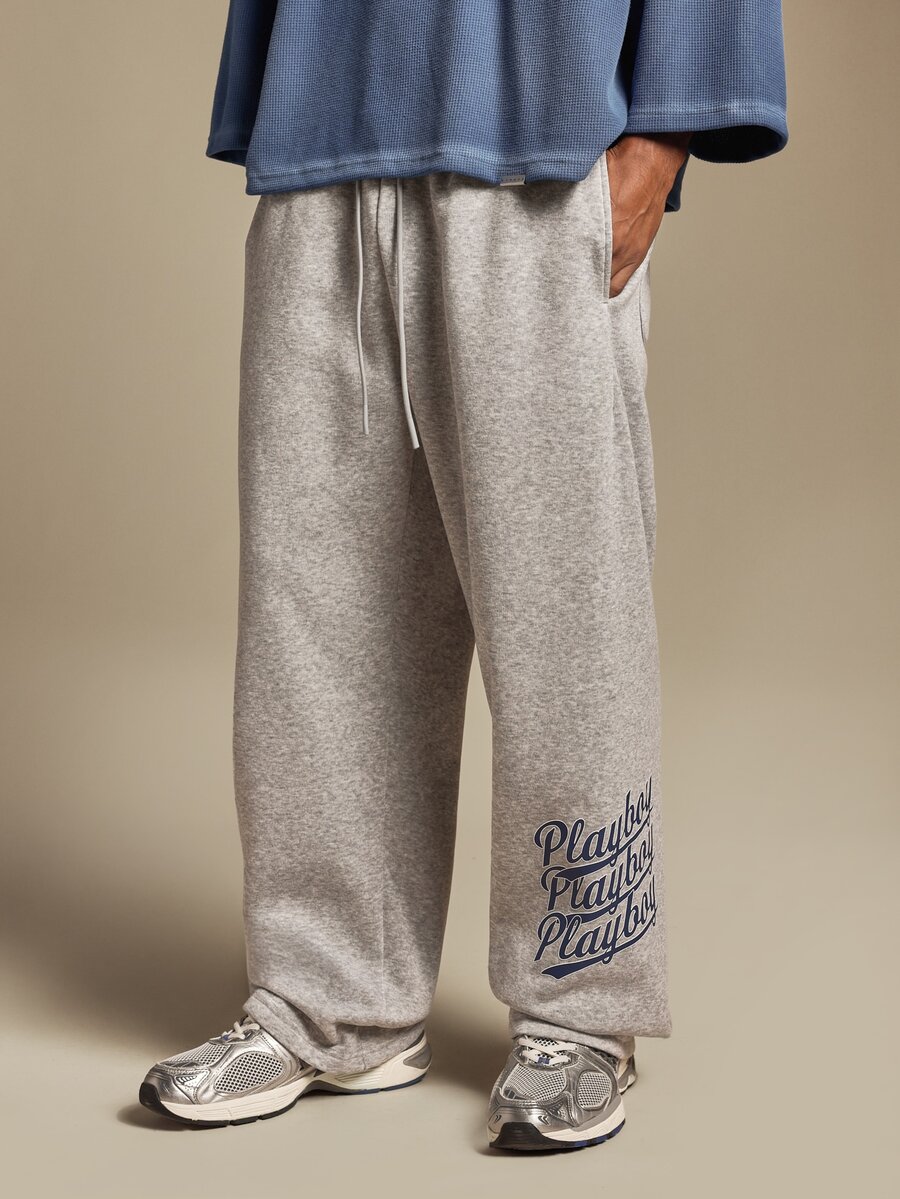 PLAYBOY X SUMWON Wide Leg Sweatpants With Triple Script Leg Print Drawstring Waist Relaxed Fit Fleece Lounge Trousers Fall Winter Casual - Grey - View 1