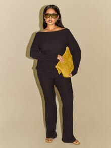 FASHION SZN Plus Size Casual Ribbed Long Sleeve Top Basics Essentials Wardrobe Staple Autumn Winter Trending Black Top New Season Fall New Fall Outfit Layering Super Soft Ribbed Knit Black Top Tank Office Wear To Work Y2K - Black - View 6