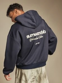 SUMWON Club International Oversized Pullover Hoodie With Back Graphic Text Print And Chest Logo For Men - Navy Blue - View 1