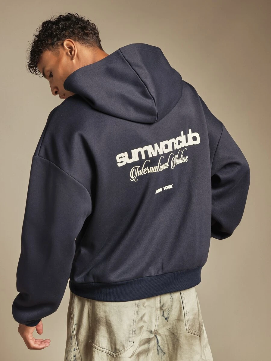 SUMWON Club International Oversized Pullover Hoodie With Back Graphic Text Print And Chest Logo For Men - Navy Blue - View 1