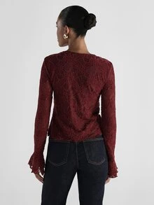 KSTM Floral Lace Bell Sleeve Blouse With Keyhole Notch Neckline And Ruched Detail Perfect For Date Night And Holiday Occasions - Burgundy - View 2