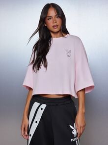 Missguided x Playboy Bunny Logo Oversized Boxy Crop T-Shirt With Large Back Graphic Print And Chest Logo Detail - Baby Pink - View 2