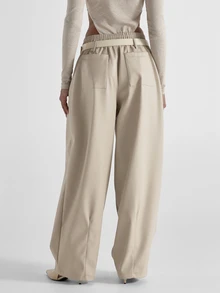 KSTM Wide Leg Faux Leather Pants With Elasticated Waistband Belt Detail High Rise Pleated Palazzo Trousers Fall Winter Occasion - Apricot - View 4