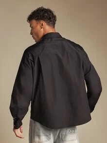 SUMWON Oversized Long Sleeve Utility Shirt With Dual Chest Flap Pockets And Snap Button Closure For Casual Everyday Wear - Black - View 2