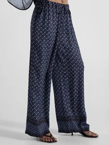 KSTM Wide Leg Palazzo Pants With Geometric Diamond Print Elastic Drawstring Waist Border Hem Detail Flowy Summer Holiday Resort Wear - Multicolor - View 2