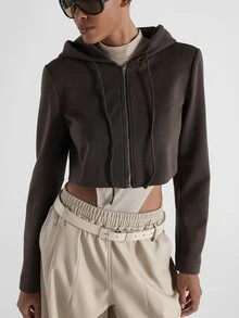 KSTM Hoodie Pendek dengan Resleting, Tudung Bertali, dan Manset Terpisah, Siluet Terstruktur, Pakaian Tambahan untuk Musim Gugur dan Musim Dingin. - Coklat - View 5