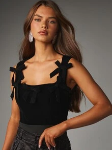 MISSGUIDED Black Velvet Square Neck Sleeveless Bodysuit With Multi Bowknot Strap Detail Holiday Party Night Out - Black - View 5