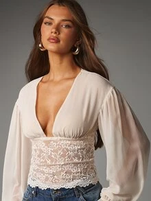 MISSGUIDED Deep Plunge Puff Sleeve Crop Blouse With Floral Lace Waistband Trim And Ruffled Cuffs For Summer Occasions - White - View 5