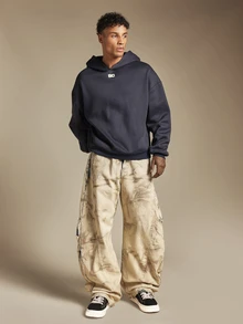 SUMWON Club International Oversized Pullover Hoodie With Back Graphic Text Print And Chest Logo For Men - Navy Blue - View 3
