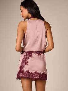 AiiRZ Satin Mini Skirt With Burgundy Lace Trim Valentine Date Night Party - Dusty Pink - View 2