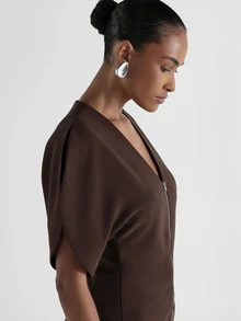 KSTM V-Neck Puff Sleeve Zip-Up Fitted Blouse With Peplum Waist Detail Perfect For Date Night Fall Winter Occasions - Brown - View 5