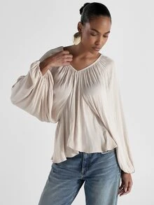 KSTM Flowy V-Neck Blouse With Balloon Sleeves Ruched Neckline Tie Back Detail Boho Oversized Top Spring Summer - Apricot - View 1