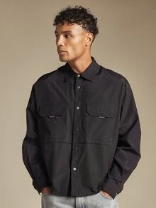 SUMWON Oversized Long Sleeve Utility Shirt With Dual Chest Flap Pockets And Snap Button Closure For Casual Everyday Wear - Black - View 1