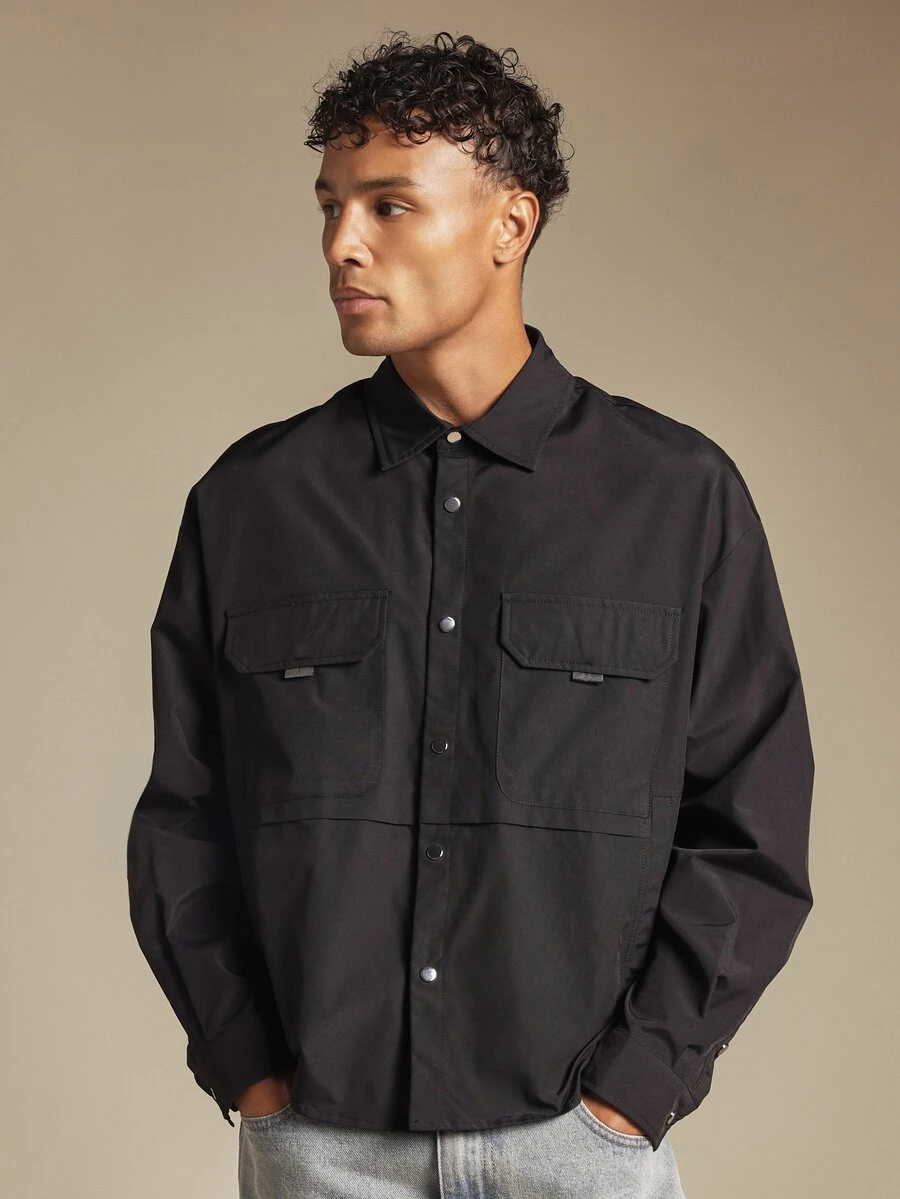 SUMWON Oversized Long Sleeve Utility Shirt With Dual Chest Flap Pockets And Snap Button Closure For Casual Everyday Wear - Black - View 1
