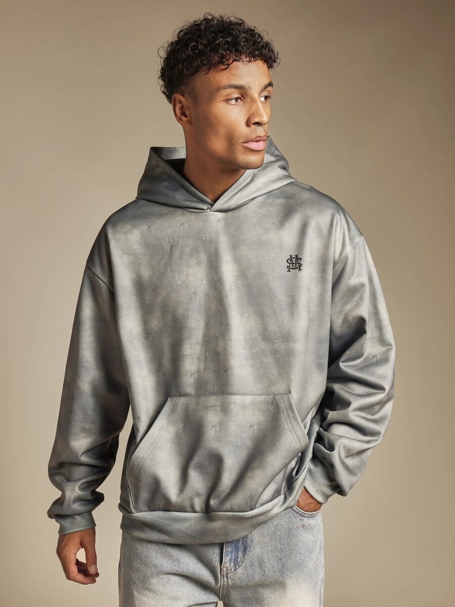 SUMWON Oversized Washed Hoodie With Monogram Logo Embroidery Centre Pocket Ribbed Cuffs And Hem Vintage Distressed Finish - Army Green - View 1
