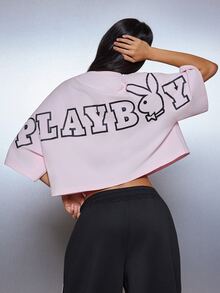 Missguided x Playboy Bunny Logo Oversized Boxy Crop T-Shirt With Large Back Graphic Print And Chest Logo Detail - Baby Pink - View 5
