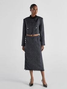 KSTM Cropped Tweed Blazer Jacket With Silver Button Detail Stand Collar Collarless Long Sleeve Structured Formal Style - Blue - View 3