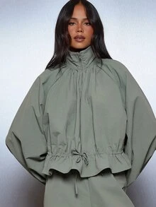 MISSGUIDED Oversized Half-Zip Ruffle Hem Crop Jacket And Wide Leg Full Length Co-Ord Two Pieces Set - Army Green - View 2
