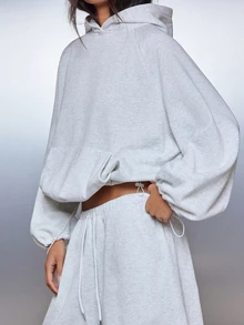 MISSGUIDED Oversized Cropped Sweatshirt With Balloon Sleeves Elasticated Cuffs Centre Pocket Casual Pullover Fall Winter Essential - Grey - View 1