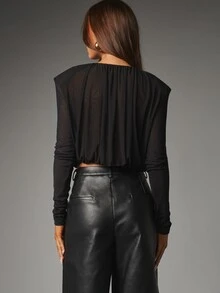 MISSGUIDED Black Mesh Crop Blouse With Ruched Boat Neckline And Structured Padded Shoulders Long Sleeve Semi Sheer Evening Top Party - Black - View 3