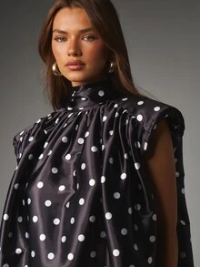 MISSGUIDED Polka Dot Satin Oversized Blouse With High Neck Tie Back Lace Trim Hem Ruched Gathered Sleeveless Mini Party Top - Black and White - View 4