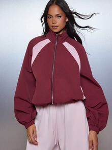 Missguided x Playboy Bunny Embroidered Cropped Windbreaker Jacket With Color Block Panel Stand Collar And Elasticated Cuffs - Burgundy - View 2