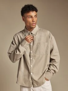 SUMWON Checked Boxy Crop Shirt With Cursive Script Back Print Long Sleeve Button-Up Collared Top - Green - View 2