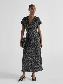 KSTM Abstract Print V-Neck Wrap Dress With Cinched Waist Short Sleeve Ruched Detail Elegant Evening Party Midi Length - Black and White - View 2