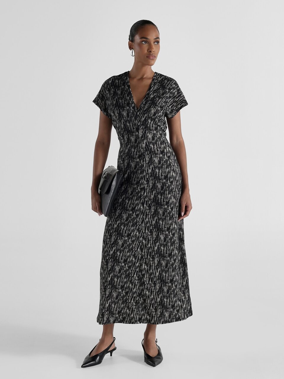 KSTM Abstract Print V-Neck Wrap Dress With Cinched Waist Short Sleeve Ruched Detail Elegant Evening Party Midi Length
