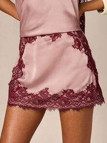 AiiRZ Satin Mini Skirt With Burgundy Lace Trim Valentine Date Night Party - Dusty Pink - View 5