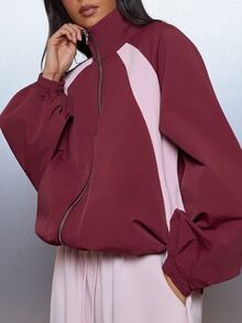 Missguided x Playboy Bunny Embroidered Cropped Windbreaker Jacket With Color Block Panel Stand Collar And Elasticated Cuffs - Burgundy - View 5